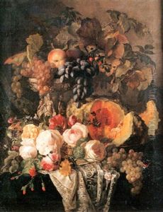 Nature Morte A La Coupe De Fruits, Melons Et Roses Sur Un Entablement
