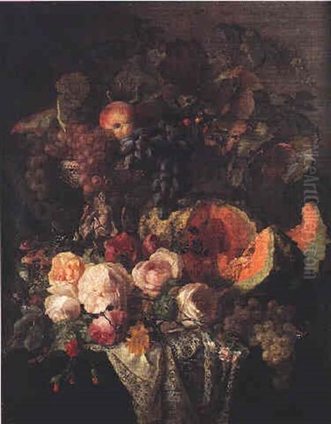 Nature Morte A La Coupe De Fruits, Melon Et Roses Sur Un Entablement - view 1