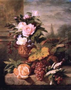 Bouquet De Fleurs Dans Un Vase Et Fruits Sur Un Entablement