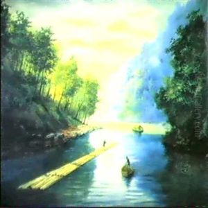 Landscape With Boats Navigating A River