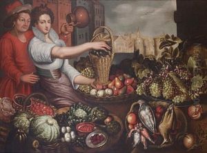 A Fruit And Vegetable Seller And Her Suitor Beside Her Stall With A Townscape Beyond