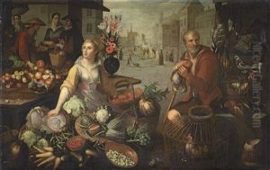 A Town Market, With Fruit, Vegetable And Poultry Stalls (collab. W/jean-baptiste De Saive Ii) by Jean-Baptist de Saive