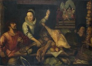 Interieur De Cuisine Avec Le Christ Et Les Pelerins D'emmaus by Jean-Baptist de Saive