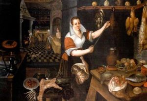 A Kitchen Interior With A Young Maid Hanging Various Meats, Figures Preparing Food Beyond by Jean-Baptist de Saive