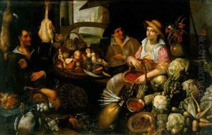 Personnages Conversant Dans Une Echoppe De Gibier, Fruits Et Legumes by Jean-Baptist de Saive
