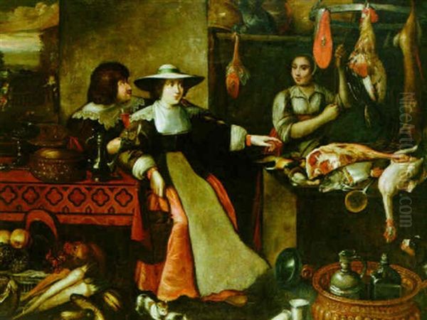A Kitchen Interior With A Couple Seated At A Table, And A Kitchen Maid With A Still Life Of Poultry And Meat - view 1