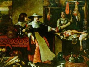 A Kitchen Interior With A Couple Seated At A Table, And A Kitchen Maid With A Still Life Of Poultry And Meat by Jean-Baptist de Saive