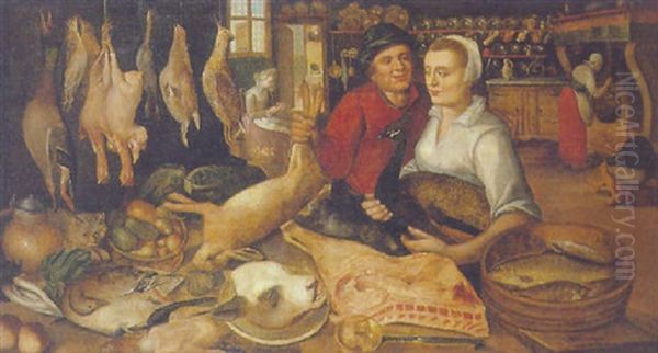 A Kitchen Interior With An Extensive Still Life Of Game, Fruit, Meat, Vegetables And Fish In The Foreground - view 1