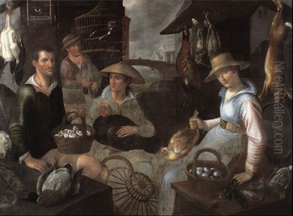 Figures In A Market Stall With Poultry, Game, Eggs And Caged Birds, A Bridge Over A Canal Beyond - view 1
