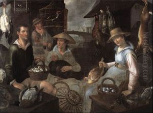 Figures In A Market Stall With Poultry, Game, Eggs And Caged Birds, A Bridge Over A Canal Beyond by Jean-Baptist de Saive
