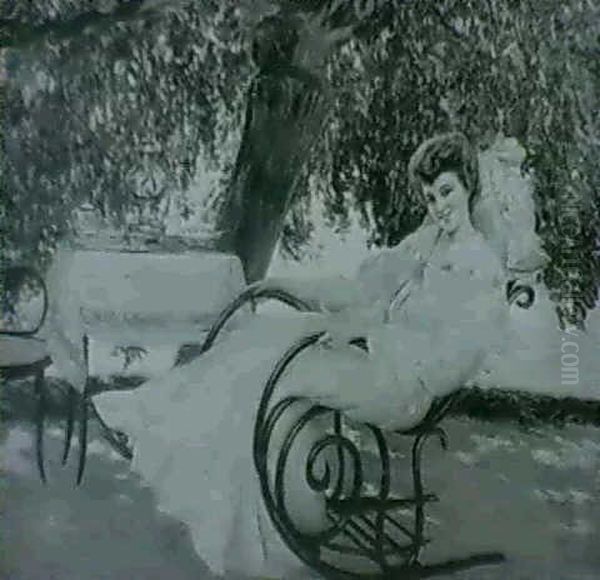 Femme Au Rocking-chair Dans Un Jardin - view 1