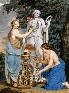 Two Women And Cupid Making A Burnt Offering To A Herm (+ Two Women Ornamenting The Statue Of A Goddess With Garlands; 2 Works) by Giosue Sala