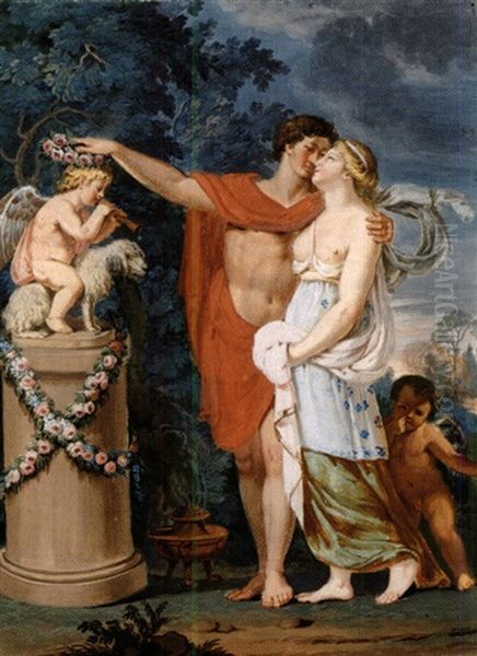 Three Women Decorating A Column With Flowers And A Gilded Statuette (+ A Young Couple Placing A Garland On A Cupid Seated On A Dog On A Column; 2 Works) - view 1