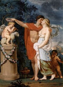 Three Women Decorating A Column With Flowers And A Gilded Statuette (+ A Young Couple Placing A Garland On A Cupid Seated On A Dog On A Column; 2 Works) by Giosue Sala