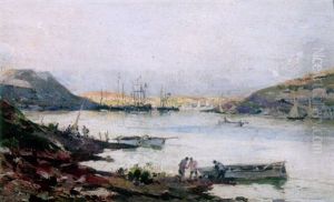 An Estuary Scene With Figures By A Boat In The Foreground And Shipping Beyond