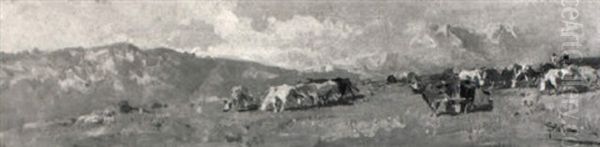 A Mountainous Landscape With Cows In A Meadow - view 1