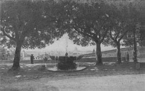 Figures On A Terrace Beside A Fountain, A View Of Rome      Beyond