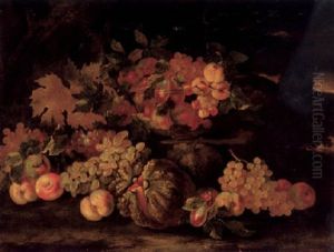 Still Life Of Apples, Grapes, Plums, Peaches, And A Melon, With Cherries, Peaches And Plums In A Glass Bowl, All Set In A Landscape by Gabriele Salci