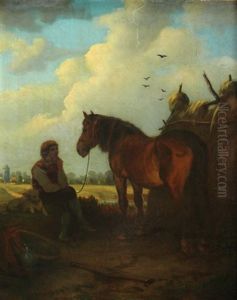 Junger Mann Mit Hund Neben Pferd by Hubert Salentin