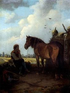 Junger Mann Mit Hund Neben Abgesatteltem Pferd Nachdenklich Auf Einem Stein Sitzend by Hubert Salentin