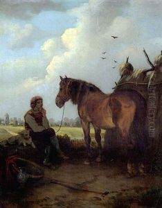 Junger Mann Mit Hund Neben Abgesatteltem Pferd, Nachdenklich Auf Einem Stein Sitzend by Hubert Salentin
