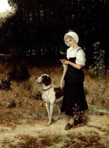 Pige Og Hund Pa En Skovsti