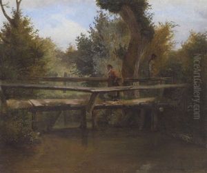 Bauerin Auf Dem Steg Uber Den Bach by Hubert Salentin