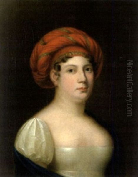 Portrait Einer Dame Mit Rotem Turban Und Blaurer Stola Und Herr In Blauem Jackett - view 1
