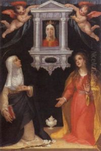 Santa Caterina Da Siena E Maria Maddalena Adorano L'effige Della Madonna Racchiusa In Un'edicola