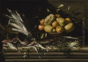 Still Life With Vegetables, Fish, Clams, And A Basket Of Citrus Fruit, On A Stone Ledge by Tommaso Salini