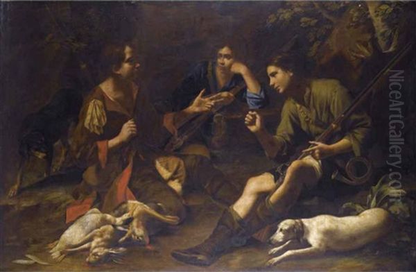 Boys Pausing From A Hunt And Playing At Odds In A Forest Clearing - view 1