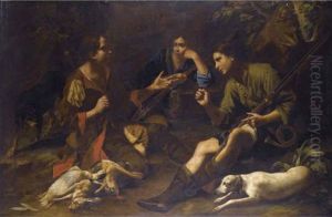 Boys Pausing From A Hunt And Playing At Odds In A Forest Clearing by Tommaso Salini