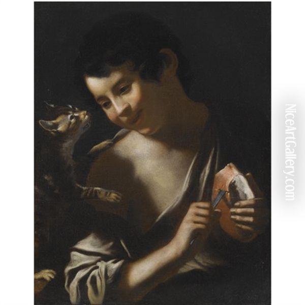 Rome A Boy Eating A Loaf Of Bread With A Cat - view 1