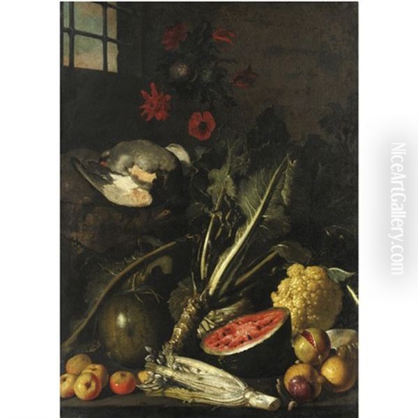 Natura Morta Con Cardo, Cavolo, Angurie, Melagrana, Cacciagione E Fiori - view 1
