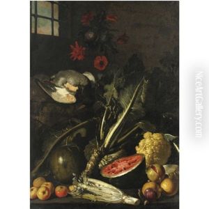 Natura Morta Con Cardo, Cavolo, Angurie, Melagrana, Cacciagione E Fiori by Tommaso Salini