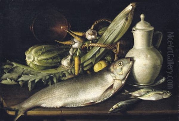 Fish, Cellery, A Cabbage And An Earthenware Pot With Carrots, Garlic And A Lemon In A Wicker Basket - view 1