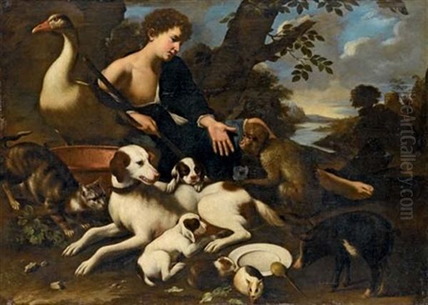 Pastore Con Cani, Un Gatto, Una Scimmia Ed Un'oca In Un Paesaggio - view 1