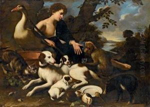 Pastore Con Cani, Un Gatto, Una Scimmia Ed Un'oca In Un Paesaggio