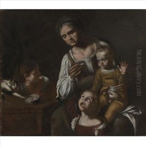 Interior Scene With A Woman And Three Children Interior Scene With A Woman And Three Children