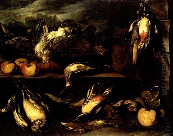 Still Life Of A Partridge, Woodcock, Woodpeckers, A Pigeon, Finches And Other Birds On A Stone Ledge With Apples - view 1