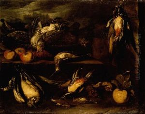 Still Life Of A Partridge, Woodcock, Woodpeckers, A Pigeon, Finches And Other Birds On A Stone Ledge With Apples by Tommaso Salini