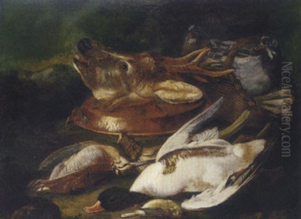 A Deer's Head, A Dead Duck, A Woodcock And Chaffinch And A Basket Of Vegetables With Birds And An Up-turned Copper Pan - view 1