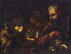 A Man And A Monkey With A Melon, Figs, Mushrooms And Peaches On A Table