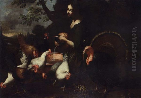 A Girl Watering Chickens And Cocks In A Lanscape, A Turtle In The Forground - view 1