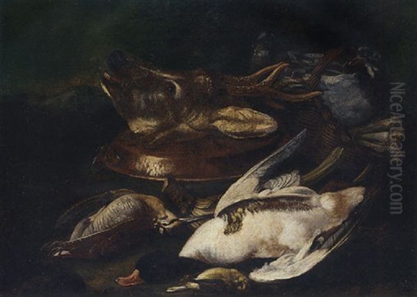 A Deer's Head, A Dead Duck, Woodcock And Chaffinch, A Basket Of Vegetables With Birds And An Up-turned Copper Pan - view 1