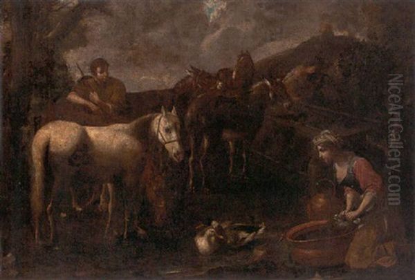 A Drover With Horses And Donkeys Stopped At A Watering Trough, A Washerwoman Kneeling Nearby - view 1