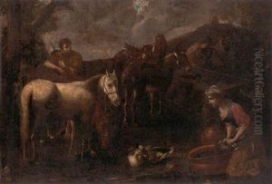 A Drover With Horses And Donkeys Stopped At A Watering Trough, A Washerwoman Kneeling Nearby by Tommaso Salini