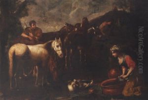 Herdsmen Watering Horses And Donkeys At A Trough, With A Woman Washing by Tommaso Salini