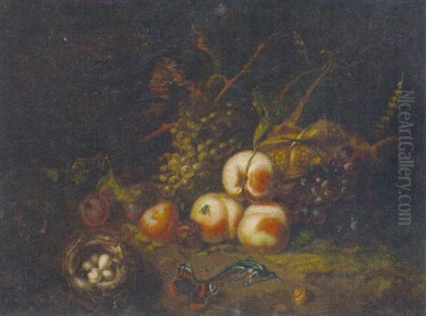 A Forest Floor Still Life With Peaches, Plums, Grapes And Sweetcorn On A Bank With A Lizard, Bird's Nest, Fly, Snail, And A Red Admiral Butterfly - view 1