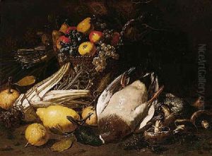 A Still Life Of Fruit In A Straw Basket, Together With Asparagus, Artichokes, Cardoons, Lemons, Mushrooms And A Duck A Still Life Of Fruit In A Straw Basket, Together With Asparagus, Artichokes, Cardoons, Lemons, Mushrooms And A Duck